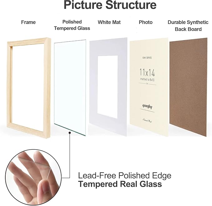 Yaetm 11x14 Oak Wood Picture Frame with Mat for 8x10 Set of 3, Wide Molding, Natural Solid Wood Frame 11x14 with Tempered Glass for Wall Mount (3 pack, Oak)