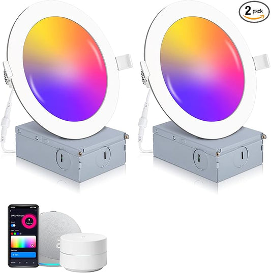 2 Pack Smart Recessed Lighting 6 Inch, Ultra-Thin LED Recessed Lighting 12W 1200LM Smart Downlight with Junction Box, Compatible with Alexa/Google Assistant - ETL and Energy Star
