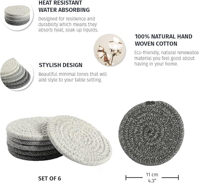 OrganiHaus Drink Coasters Set of 6, Absorbent Cotton Woven Cup Coasters, Rustic Farmhouse Boho Decor for Coffee Table and Drinks Protection, Cute Coaster for Drinks, Coaster for Office Desk - Gray