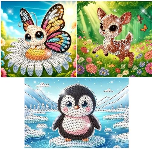 Small Diamond Art Painting Kits 3 Pack Butterfly Deer Penguin Round Drill by ModernMerch