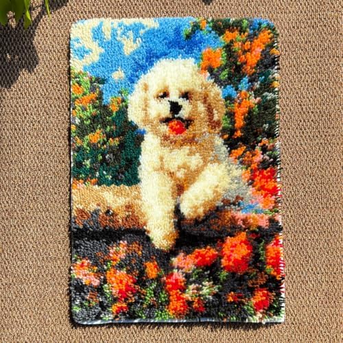 MeoobkCraft Latch Hook Kits for Adults Beginners, Pre-Printed Cute Dog Floral Latch Hook Rug Kit, DIY Garden Puppy Rug Craft Kit for Home Decor 20.47 x 14.96 in - Image 2