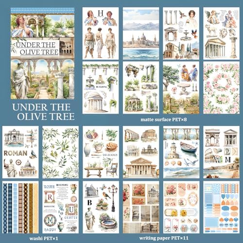 Snycler Under The Olive Tree Theme Sticker Scrapbooking Supplies for Junk Journal, 20 Sheets PET Stickers - Vintage Journaling Stickers, Ephemera Sticker Book Pre Cut, Junk Journal Supplies - Image 6