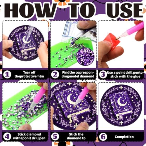 8 Pcs Halloween Diamond Art Coasters Purple Moon DIY Craft Kit with Holder - Image 3
