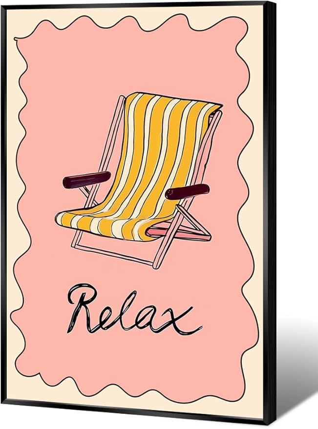 Metal Black Frame Abstract Pink Yellow Ocean Coastal Beach Chair Wall Art Trendy Summer Relaxing Seaside Canvas Prints Painting Aesthetic Preppy Decor Picture for Living Room Decoration 24x36inch