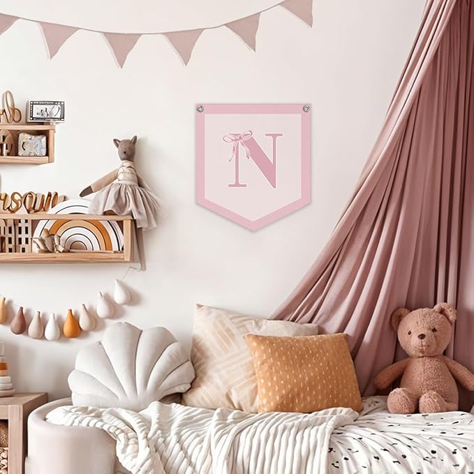 Lacama Initial Personalized Preppy Banner, Baby Girl Nursery Shower Decor Gifts, Coquette Pink Bow Teen Girl Gifts, Vintage Room Decor Toddler Room Bedroom Playroom Front Door Birthday Gift(N)
