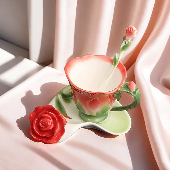 ONEUSTAR Tea Cup and Saucer Set for 1 Ceramic Handicraft Rose Flower Shaped Coffee Cup with Spoon 6 Oz Teacup for Women Valentine's Day Christmas Gift