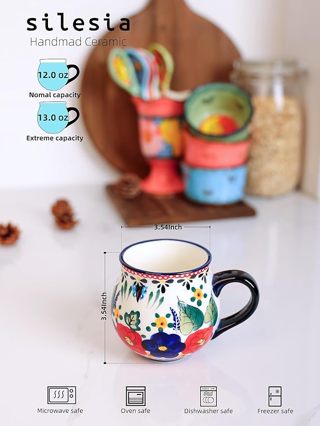 silesia Handmade Coffee Mug with Handle, 12 Ounce Ceramic Hand-Painted Flower Mugs for Home and Kitchen in Gift Box, Oven, Dishwasher & Microwave Safe (Polish Garden)