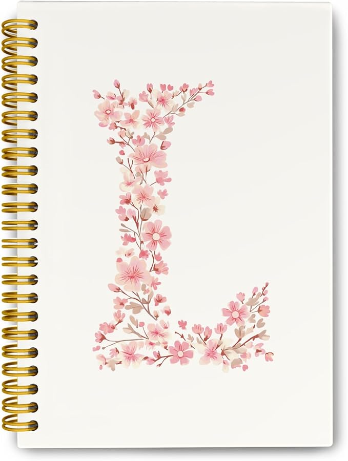Pink Cute Spiral Notebook Journal, Preppy Floral Initial Letter L Personalized Journaling Notebooks, Monogrammed Gifts for Women Girls, Botanical Hardcover Spiral Lined Notebook 5.5 x 8.3
