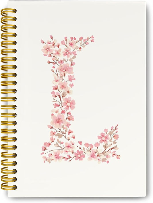 Pink Cute Spiral Notebook Journal, Preppy Floral Initial Letter L Personalized Journaling Notebooks, Monogrammed Gifts for Women Girls, Botanical Hardcover Spiral Lined Notebook 5.5 x 8.3