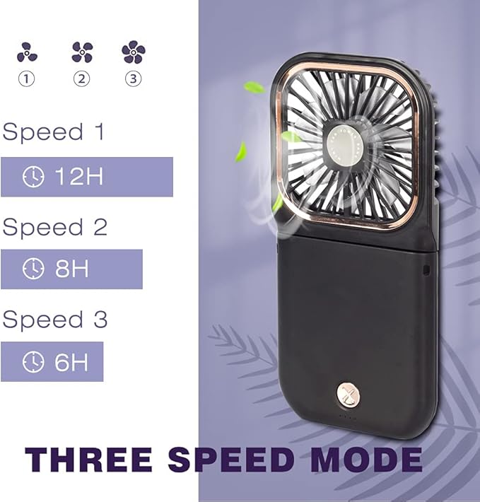 Portable Mini Fan - 5 in 1 with Power Bank, Phone Holder, Handheld & Desk Fan - USB Rechargeable, 3000 mAh Power Bank, 3 Speed Adjustable, Neck Lanyard - Black