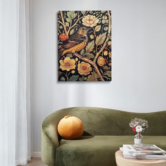William Morris Wall Art,Dark Green William Morris Bird Print, Art Nouveau Wall Art,Floral Wall Decor,Botanical Pattern Print for Bedroom Living Room,Hallway,Home Office Decor 8x12in Frame wall art