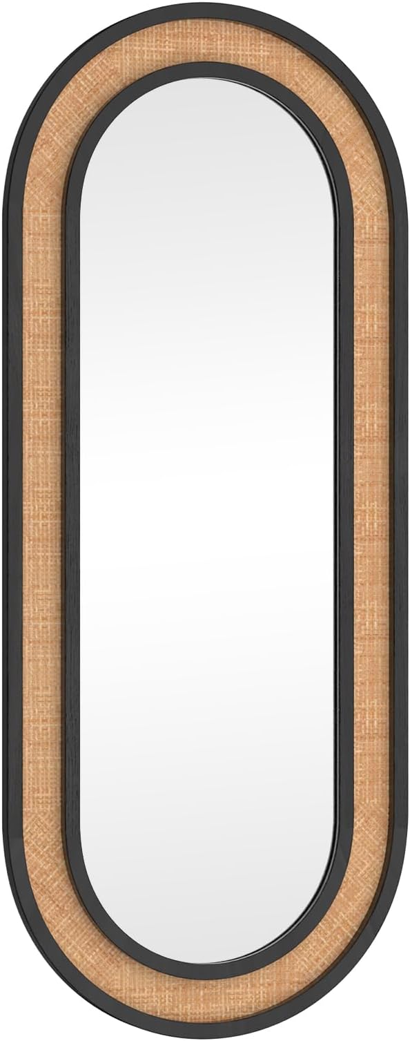 Rattan Wall Mirror with Wooden Framed Black Oval Bathroom Mirror 20 X 48 inch Farmhouse Wood Mirror for Modern Decorative Bathroom, Living Room, Entryway, Bedroom