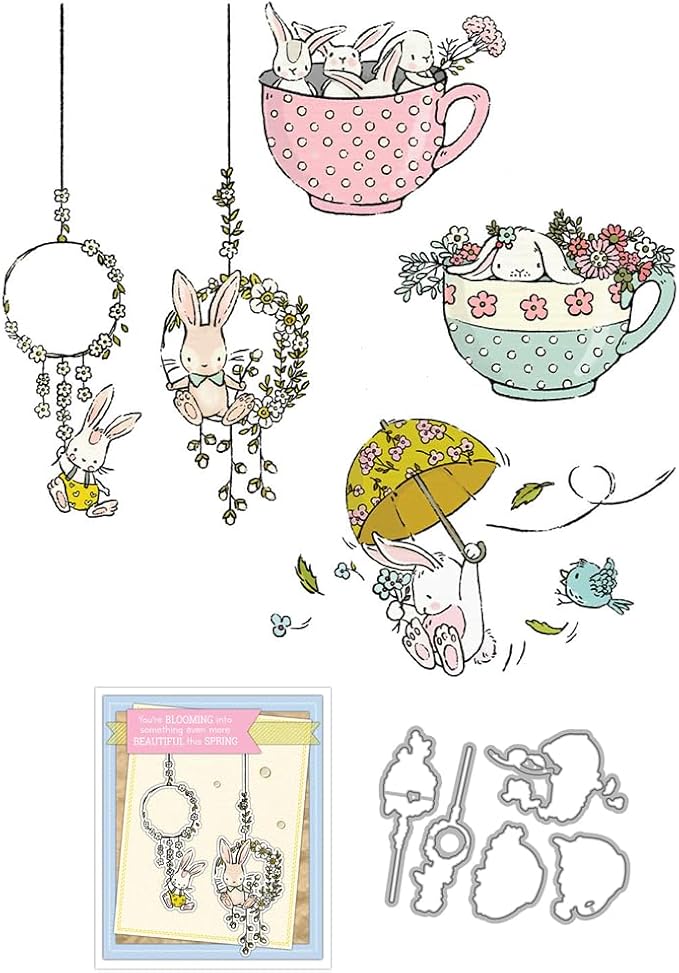 Spring Rabbit Flower Wreath Stamps and Cutting Dies for Card Making DIY Transparent Silicone Clear Stamp and Metal Die Cuts Sets for Scrapbooking Paper Greeting Cards Decor Seals Craft Supplies