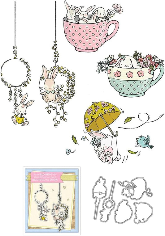 Spring Rabbit Flower Wreath Stamps and Cutting Dies for Card Making DIY Transparent Silicone Clear Stamp and Metal Die Cuts Sets for Scrapbooking Paper Greeting Cards Decor Seals Craft Supplies