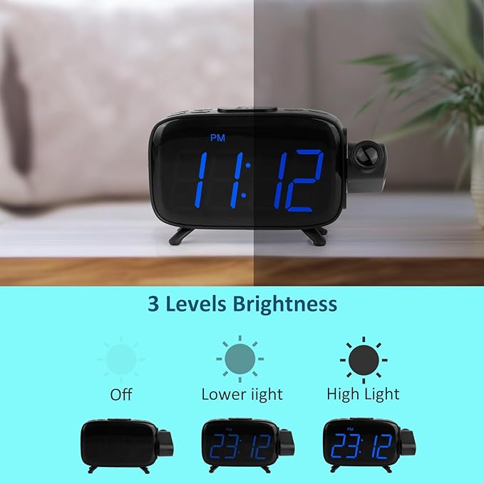 Digital Projection Alarm Clocks for Bedrooms - Large LED Display, 180° Rotatable Projector, 2-Level Dimmer,USB Charger,Battery Backup,Loud Dual Alarms for Kids Elderly,Heavy Sleepers,Snooze,12/24H,DST