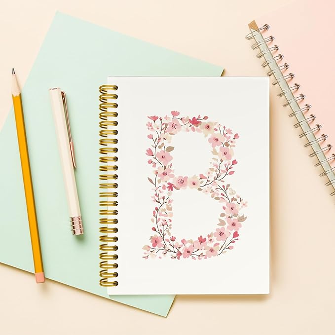 Pink Cute Spiral Notebook Journal, Preppy Floral Initial Letter B Personalized Journaling Notebooks, Monogrammed Gifts for Women Girls, Botanical Hardcover Spiral Lined Notebook 5.5 x 8.3