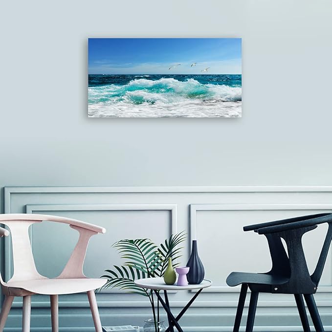 tigeridge Sea Beach Canvas Wall Art for Living Room Wall Decor Ocean Waves Canvas Pictures Blue Surfing Water Seagull Canvas Prints Artwork Office Home Wall Decorations Framed Ready to Hang 29" x 58"