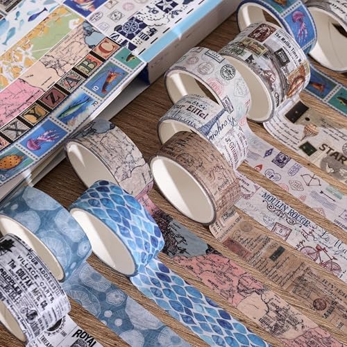 38 Rolls Vintage Washi Tape Set, Vintage Travel Stamp Map Scenery Art Letter Writable Decorative Tapes for Scrapbooking , Junk Journal Supplies, Bullet Journaling 5-25mm Wide 9.84ft long/Roll - Image 5