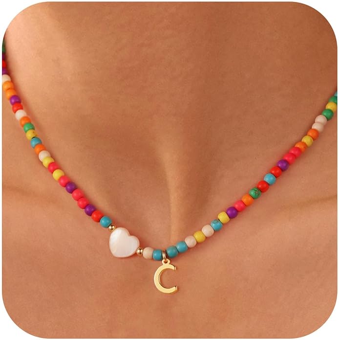 Ursteel Christmas Gifts for Teen Girls Women - Trendy Beaded Choker Necklace for Women Teenage Girls, Personalized Letter Initial Necklaces Christmas Gifts for Grandkids