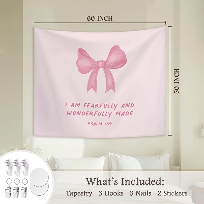 STHTTSW Pink Bow Christian Tapestry, I Am Fearfully And Wonderfully Made Tapestries Wall Blanket, Cute Coquette Tapestry Decor for Girl College Dorm Apartment Bedroom Church, 50x60 Inch
