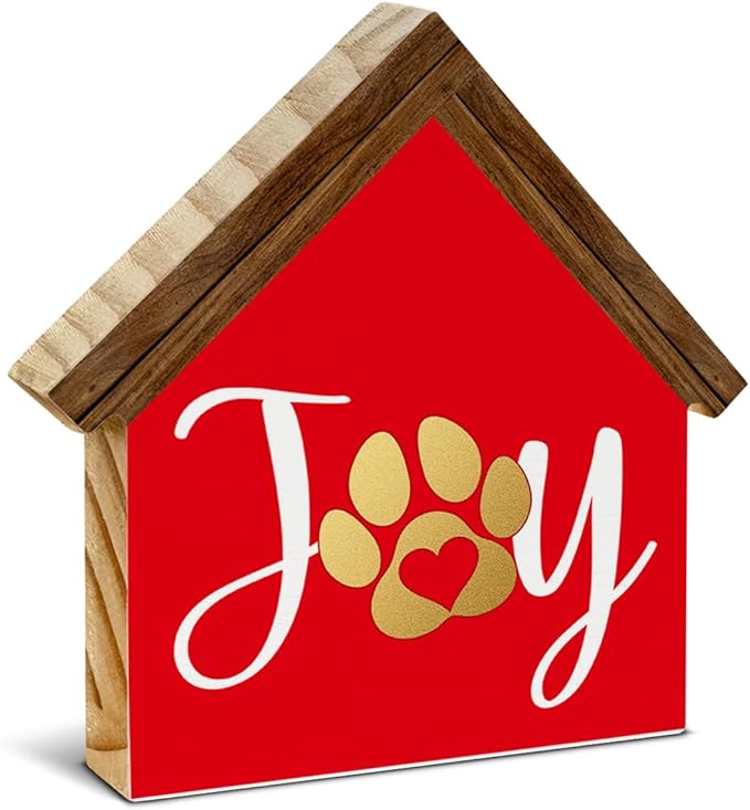 Joy Christmas Sign Decorations, Dog Paws House Shaped Wooden Sign, Rustic Christmas Decor for Farmhouse Home Office
