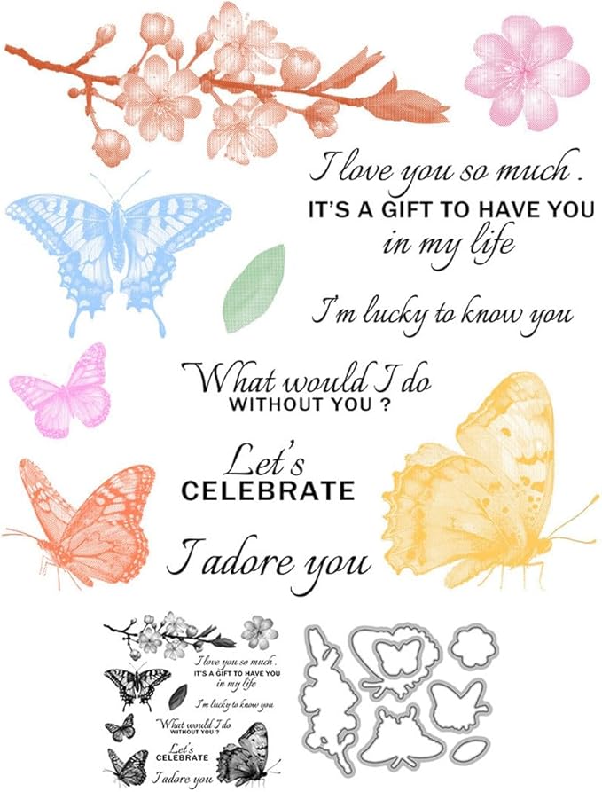 Butterfly Flower Stamps and Cutting Dies for Card Making DIY Transparent Silicone Clear Stamp and Metal Die Cuts Sets for Scrapbooking Paper Greeting Cards Decor Seals Craft Supplies