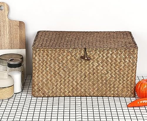 Hipiwe Wicker Shelf Baskets Bin with Lid Woven Storage Box, Coffee X-Large - Image 2