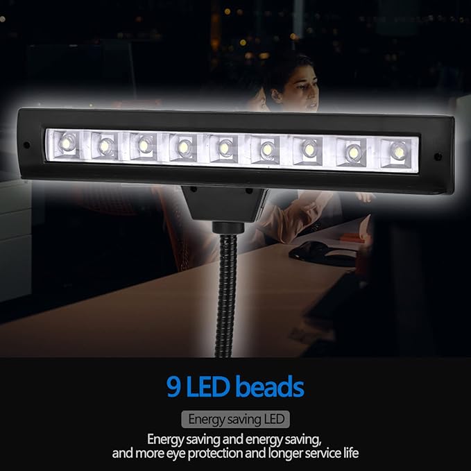 Jeffergarden Portable Flexible Clips On LED Desk Light, Plastic Music Stand Lamp with 9 Bright LEDs and Adjustable Arm for Reading and Performance