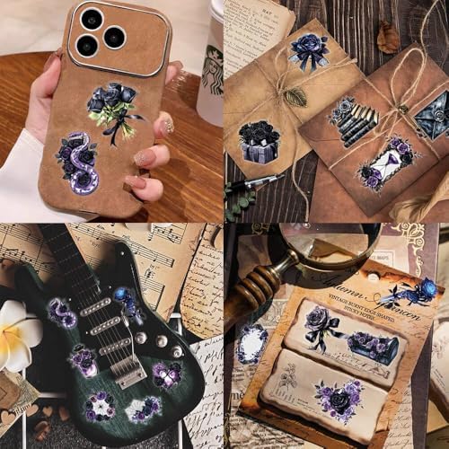 50Pcs Vintage Stickers,Waterproof Transparent PET Aesthetic Decorative Scrapbooking Supplies for Adult Card Making Letters Planner Journaling Junk Journal DIY Water Bottles Art Craft.Black Rose - Image 3