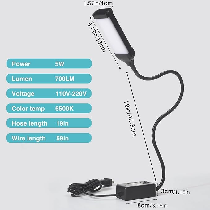 LED Sewing Machine Light - Flexible Extra Long Gooseneck LED Work Light, Multi-Use for Sewing Machines, Drill Press, Office Desk, Craft Projects, Workbench and Lathe