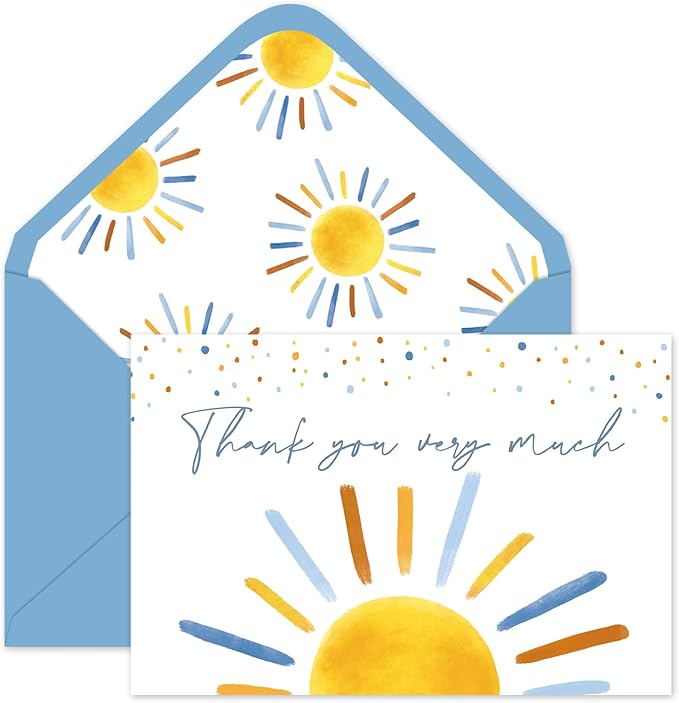 Whaline 30 Packs Baby Shower Thank You Cards Boho Sun Greeting Cards Blue Sunshine Blank Note Card with Envelopes and Stickers for Birthday Holiday Baby Shower, 4 x 6 Inch