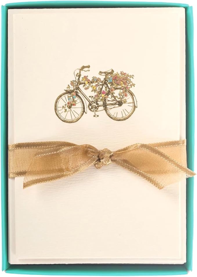 Graphique Flower Bicycle La Petite Presse Boxed Notecards, 10 Embellished Gold Foil Blank Cards with Matching Envelopes and Storage Box, 3.25" x 4.75"