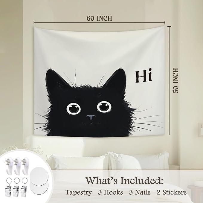 STHTTSW Black Cat Tapestry, Cute Cat Tapestries Wall Blanket, Cat Animal Lover Gifts Wall Hanging Decor for Dorm Home Living Room Bedroom Nursery, 50x60 Inch