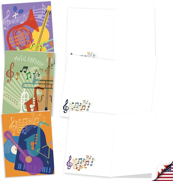 The Best Card Company 20 Assorted Blank Notes Bulk Box Set 4 x 5.12 Inch with Envelopes (10 Designs, 2 Each) Musical Notes AM10042OCB-B2x10