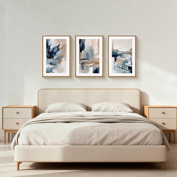 Aryroi Large Abstract Navy Blue and Tan Framed Canvas Wall Art,Modern Minimalist Shape Wall Decor,Watercolor Brush Stoke Artwork,Neutral Color Block Art Print For Living Room,Bedroom,Office- 16"x24"x3