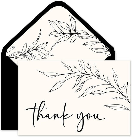 JarThenaAMCS 24 Pack Minimalist Thank You Cards Blank Greeting Cards With Envelopes Stickers Black Leaves Branches Note Card for Wedding Birthday Supplies
