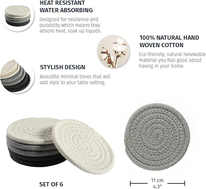 OrganiHaus Drink Coasters Set of 6, Absorbent Cotton Woven Cup Coasters, Rustic Farmhouse Boho Decor for Coffee Table and Drinks Protection, Cute Coaster for Drinks, Coaster for Office Desk - Gray
