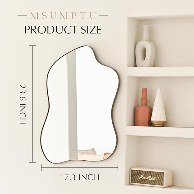 Irregular Wall Mirror Brass Wave Shaped Metal Framed Wall Mirror for Bathroom Bedroom Entryway Living Room Wall Decor 24" L x 18" W 2305B
