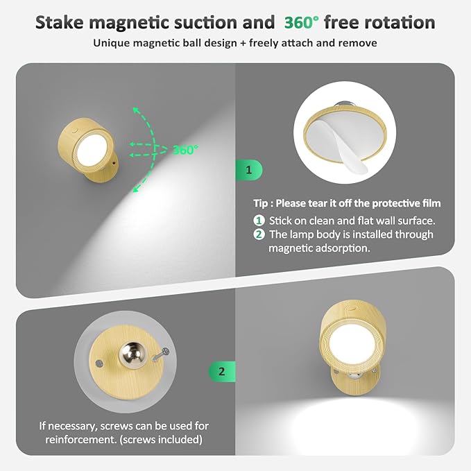Lightbiz LED Wall Sconces, Wall Mounted Lamp with Remote Rechargeable Battery Operated, 3 Color Temperatures & Dimmable Wall Lights Magnetic 360° Rotation Light