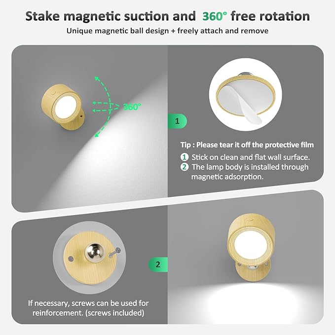 Lightbiz LED Wall Sconces, Wall Mounted Lamp 2 Pcs with Remote Rechargeable Battery Operated, 3 Color Temperatures & Dimmable Wall Lights Magnetic 360° Rotation Light