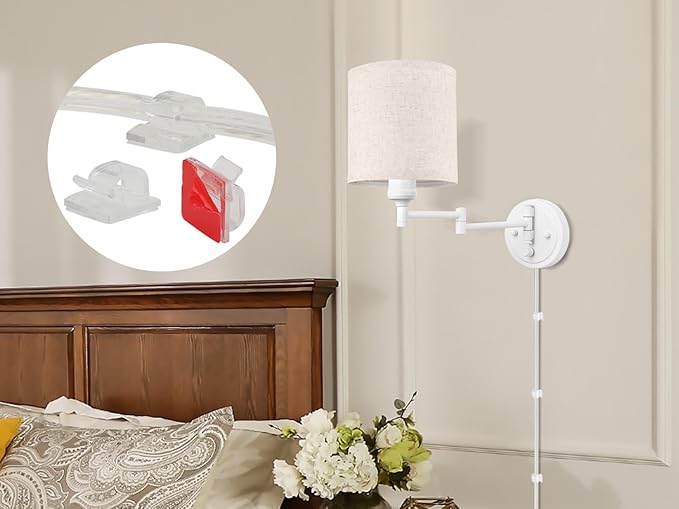 Plug in Wall Sconces with Remote Control, Dimming, Adjustable Colors 2700K-6500K, Hardwire or Plug-in, Swing Arm Wall Lamp with Linen Fabric Shade, Wall Sconces Set of Two, White Finish