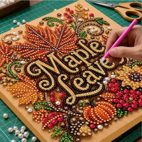DIY Pearl Painting Kit for Adults, Maple Autumn Fall Art with Wood Frame, 20x20cm Self-Adhesive Pearl Diamond Craft, Autumn Wall Decor Gift for Women, Beginners Relaxing Hobby Kit - Image 2