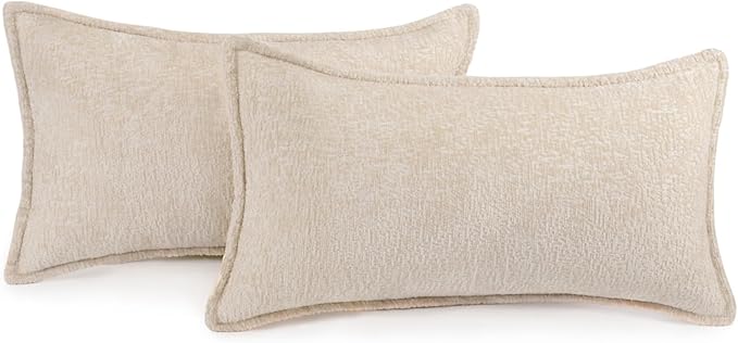 Pack of 2 Beige Decorative Throw Pillow Covers 12x20 Cozy Soft Chenille Boho Accent Vintage Farmhouse Rectangular Lumbar Couch Pillow Covers for Home Decor Bed Sofa Living Room