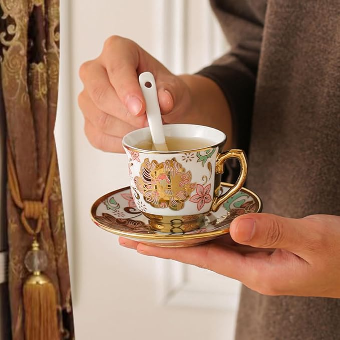 CHANJOON Gold Plated Red Rose Ceramic Tea Set, Vintage Tea Sets with Teapot, Beautiful Tea Set Coffee Serving 6 People (pink, Medium)