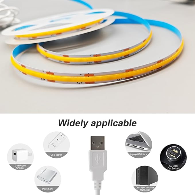COB LED Strip Lights White 6.56ft, 5V Dimmable LED Light Strip, Flexible USB LED Lights for TV, TV Backlighting, Bedroom, Kitchen, Home DIY Lighting