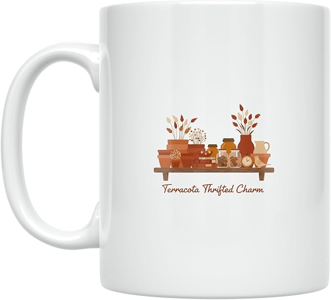 Terracotta Thrifted Charm - Plant Lady - 11 oz White Ceramic Coffee Mug - Cozy Aesthetic