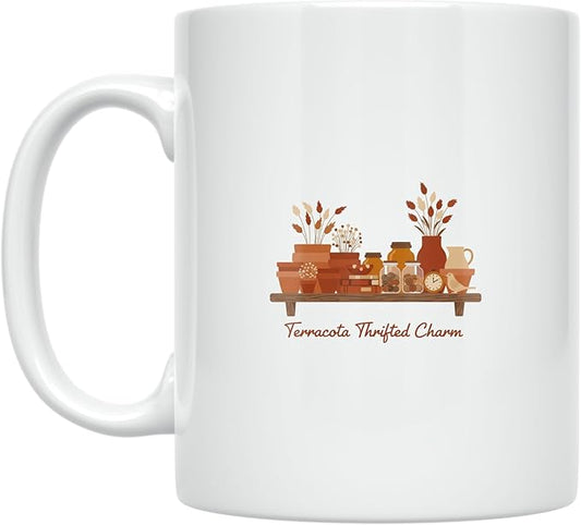 Terracotta Thrifted Charm - Plant Lady - 11 oz White Ceramic Coffee Mug - Cozy Aesthetic