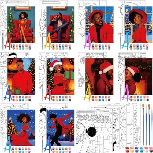 Blosssound 10 Set Christmas Pre Printed Canvas for Painting 5x7", Couple by Blosssound