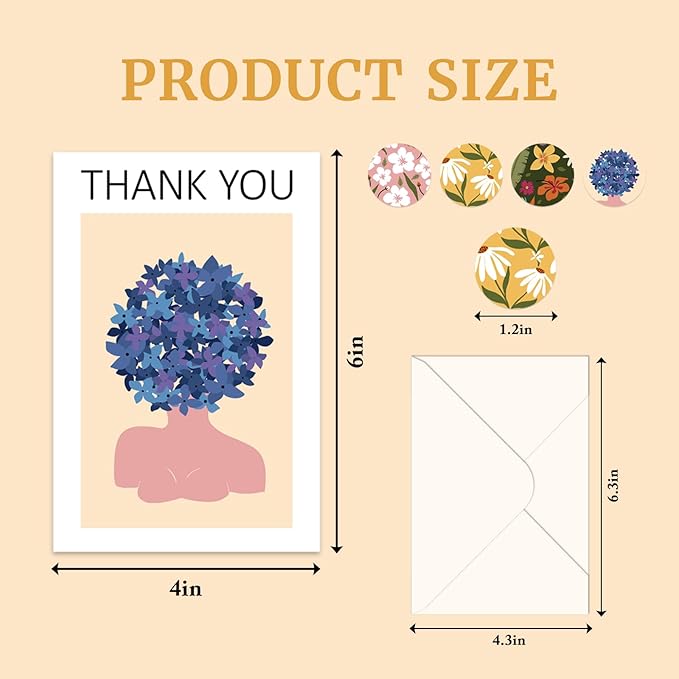 48Pcs Thank You Cards with Envelopes and Stickers for Weddings, Bridal Shower, Baby Shower, Small Business