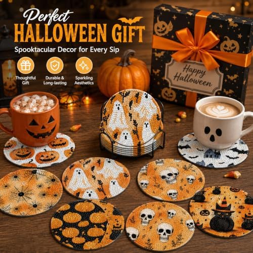 8 Pack Halloween Diamond Painting Coasters with Holder DIY Craft Kit - Image 5